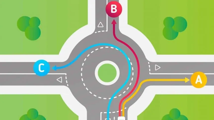 Esquema de rotonda con vehículos A, B y C