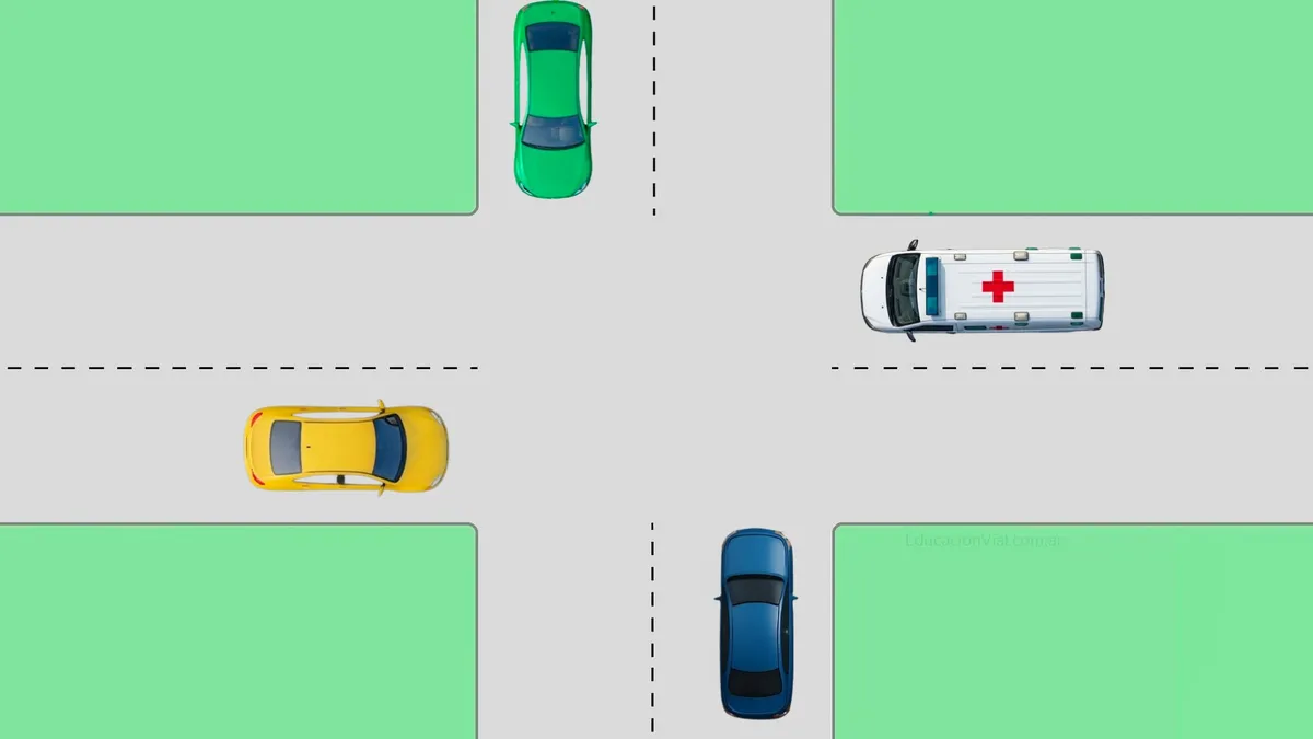 Cruce con ambulancia, autos amarillo, verde y azul